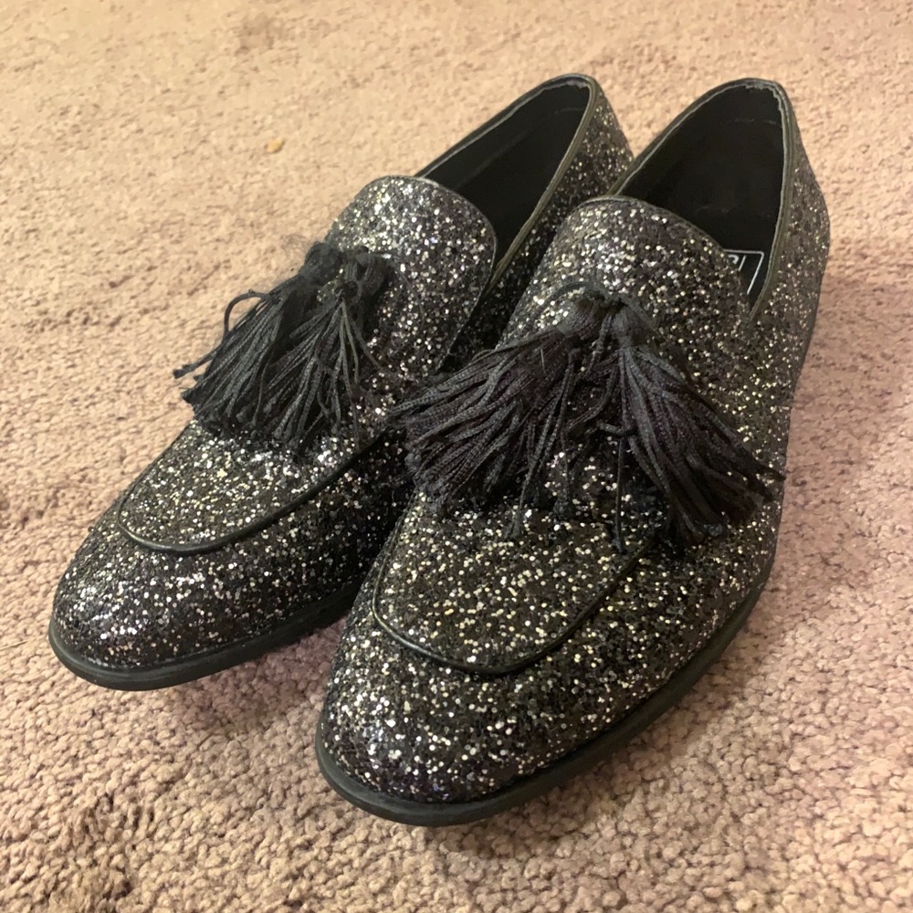 Asos Loafers in Black Glitter with Tassel Detail